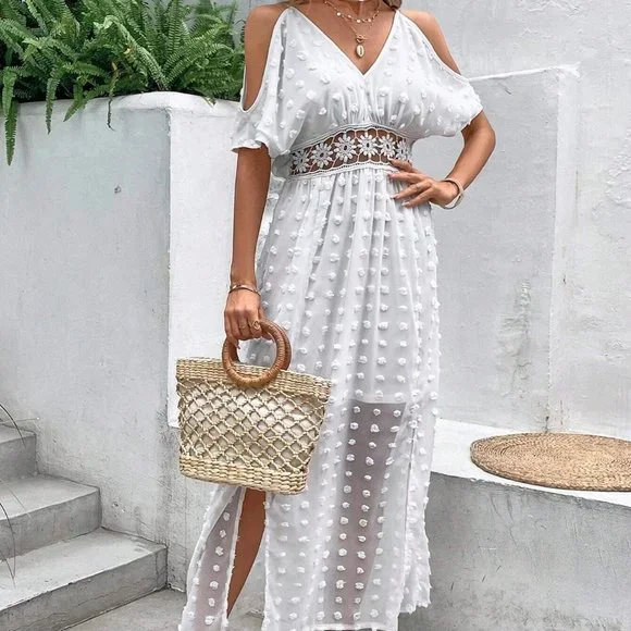 White Boho Womens Swiss Dot Cold Shoulder Split Thigh Dress - Picture 3 of 5